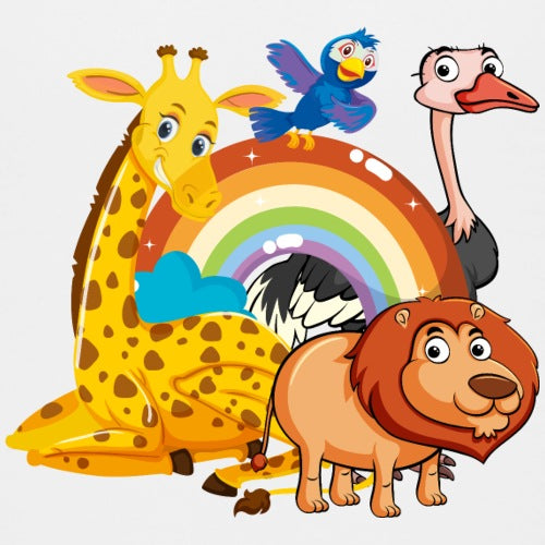 Cartoon animals including a giraffe, lion, and ostrich with a rainbow on a white background
