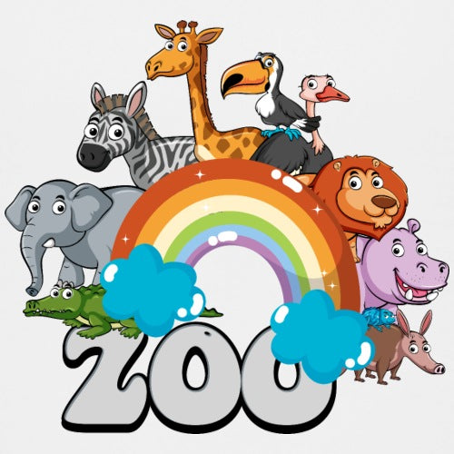 Kids premium t-shirt featuring cartoon zoo animals on a rainbow background with playful typography, perfect for animal-themed outfits and children’s apparel collections.