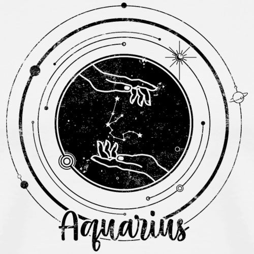 Aquarius zodiac sign illustration with hands holding constellation symbols on a white background
