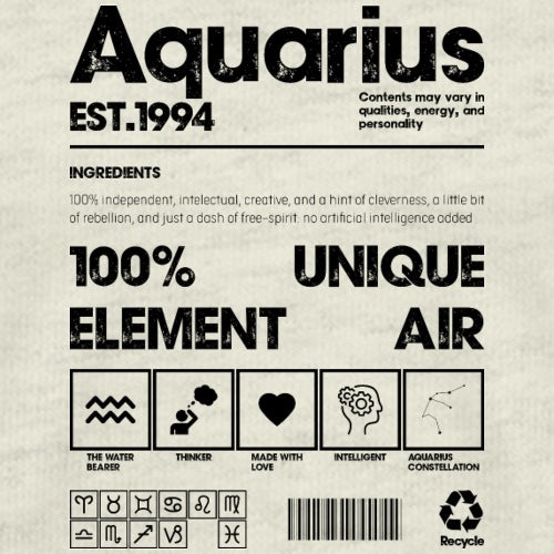 Aquarius product label with text and icons on a beige background