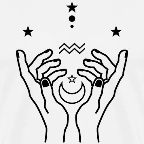 Illustration of two hands holding a crescent moon symbol with stars above on a white background