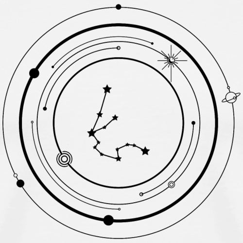 Star constellation diagram with circular orbit lines on a white background.