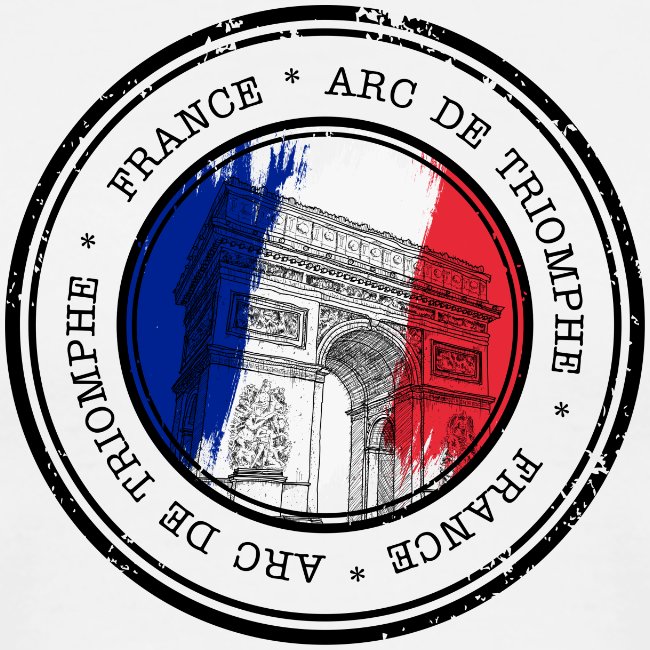 Circular design with Arc de Triomphe illustration and French flag colors on a white background
