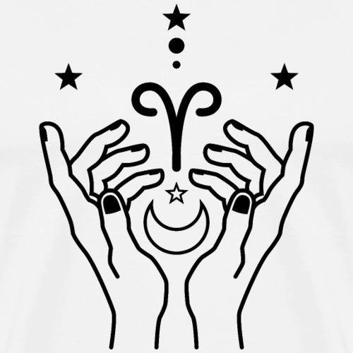 Sacred Aries zodiac symbol held by open hands, featuring crescent moon and stars on a minimalist white canvas.