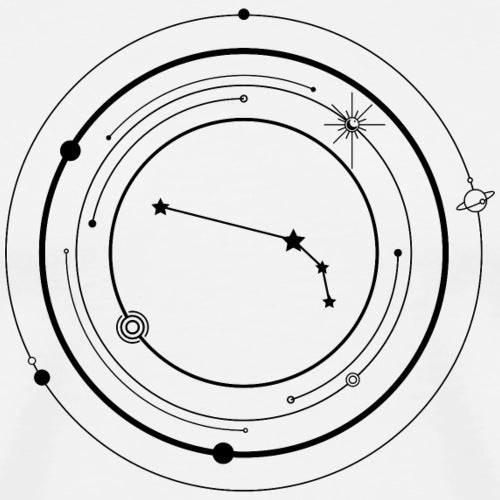 Illustration of a hand holding a celestial pendant with stars and planets on a white background.
