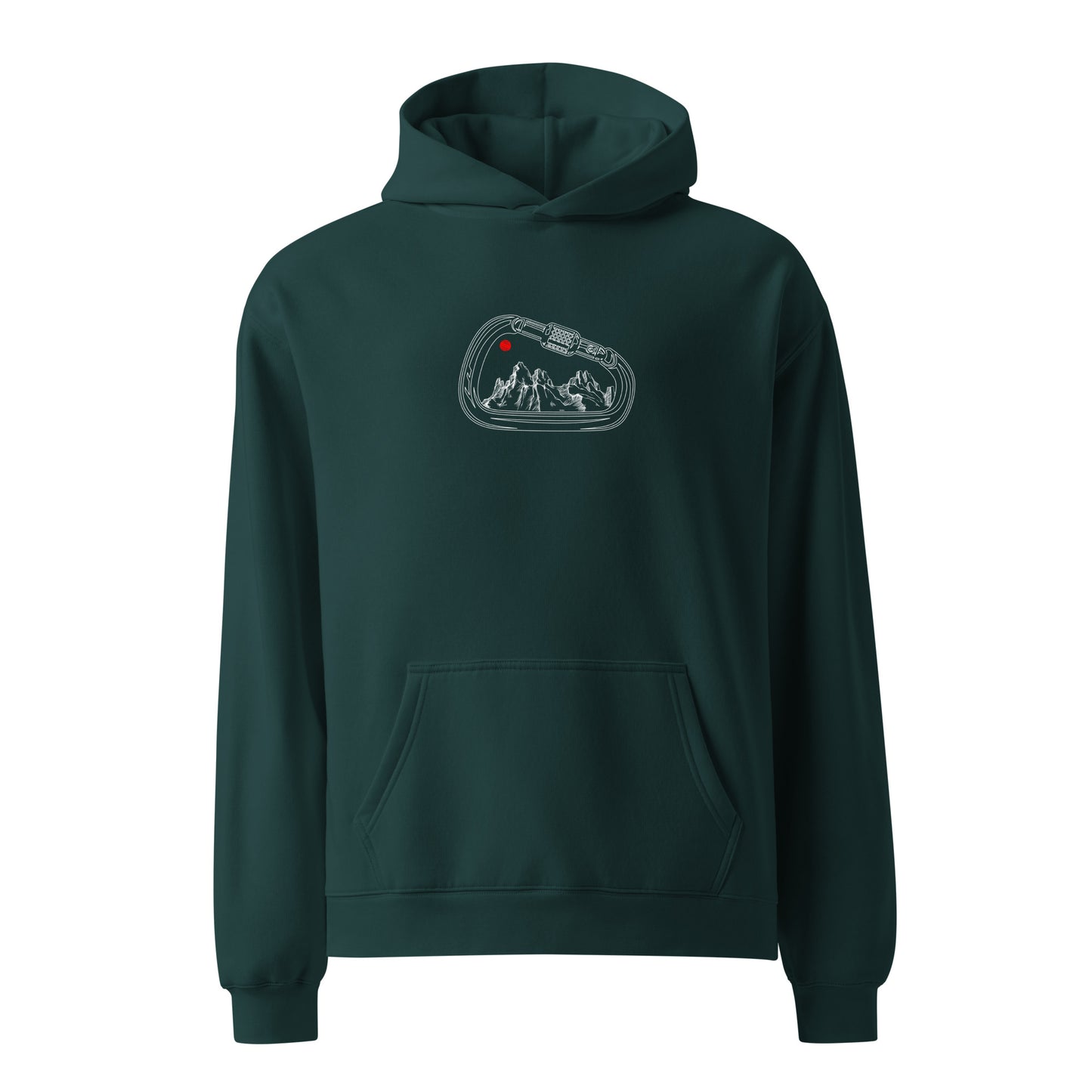 Green hoodie with a graphic design on the chest against a white background