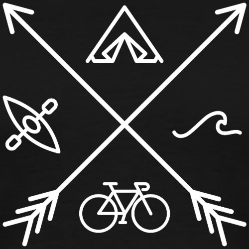 White line art icons of a bicycle, tent, and arrows on a black background