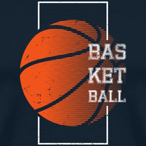Navy blue t-shirt with orange basketball graphic and 'Basketball' text on a dark background