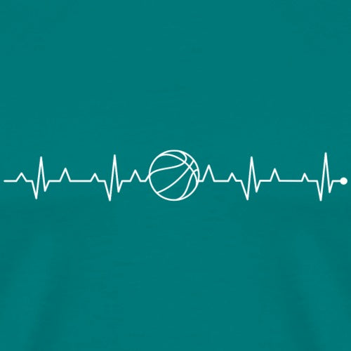 Heartbeat line design with a basketball in the middle on a teal background