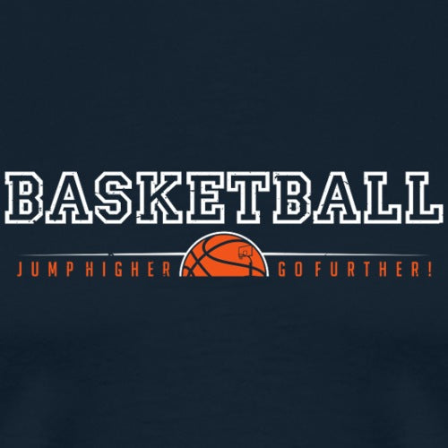 Navy blue t-shirt with white and orange basketball design and text.