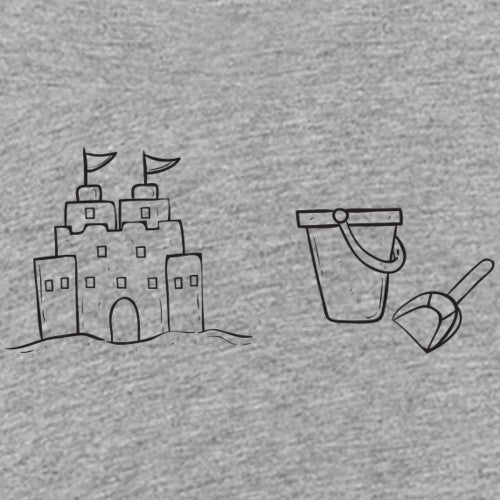 Doodle of a sandcastle with flags and a bucket and spade on a gray background