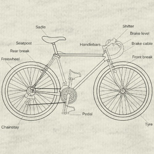 Diagram of a bicycle with labeled parts on a textured beige background