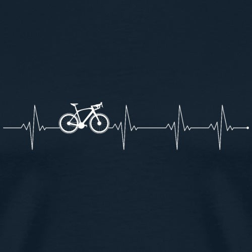 Navy blue t-shirt with a white bicycle and heartbeat line design on a black background