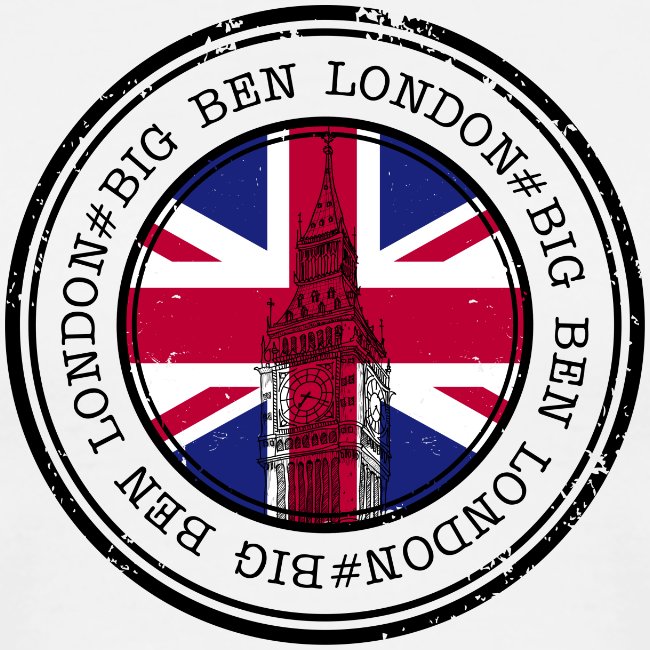 Design with Big Ben and British flag inside a circular border with text 'BIG BEN LONDON'.
