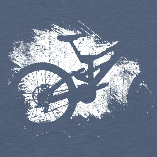 Mountain bike t-shirt featuring white bicycle silhouette on a textured blue background, perfect for cycling enthusiasts and outdoor adventure apparel