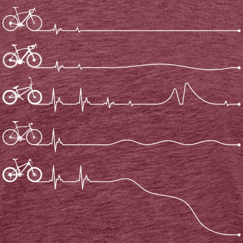 Maroon t-shirt with white bicycle and heartbeat line design