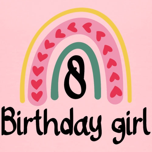 8th birthday girl design with rainbow and hearts on a pink background
