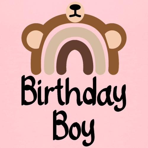 Pink birthday t-shirt for boys with cartoon bear and rainbow design