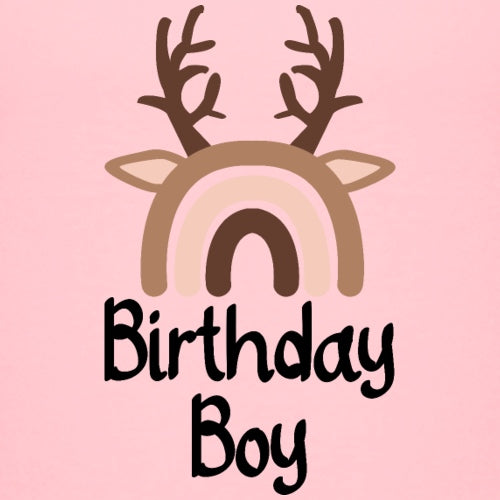 Deer head with rainbow antlers and Birthday Boy text on a pink background