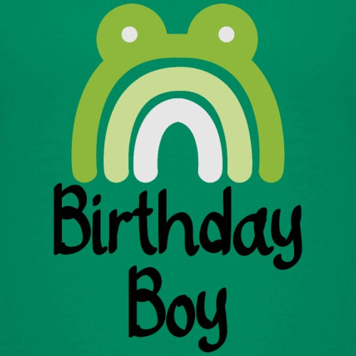 Green t-shirt with a frog design and Birthday Boy text on a green background