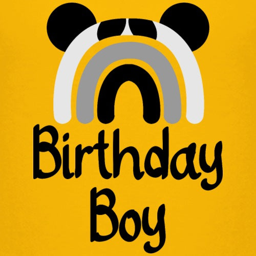 Text Birthday Boy with rainbow and ears design on a yellow background
