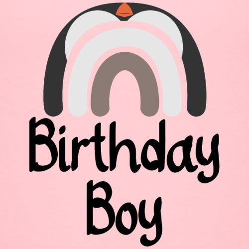 Cartoon penguin with rainbow on a pink background with Birthday Boy text
