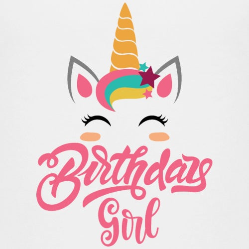 Unicorn face with 'Birthday Girl' text on a white background