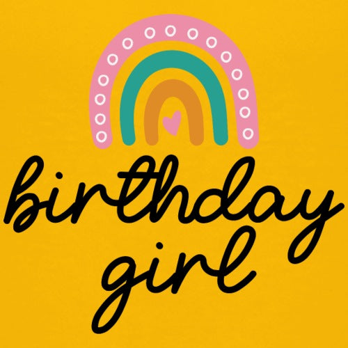 birthday girl with colorful rainbows on a yellow background
