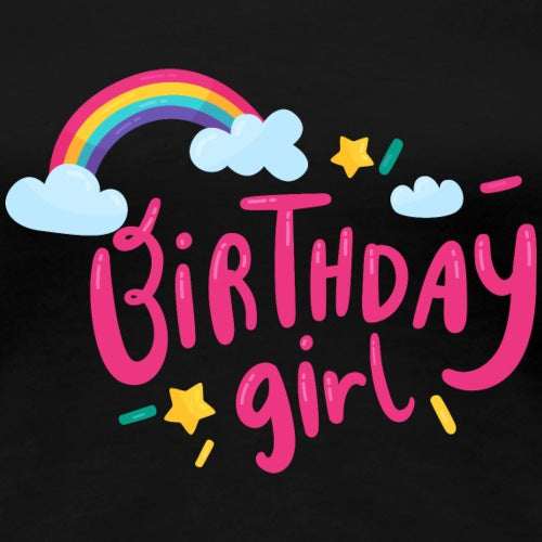 Birthday Girl' text with rainbow, clouds, and stars on a black background