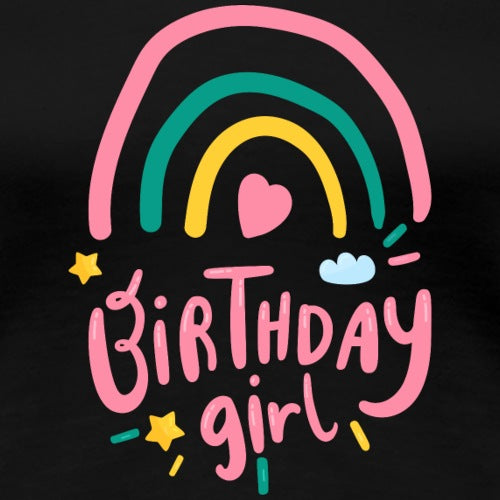 Colorful rainbow, heart, and stars with 'Birthday girl' text on a black background