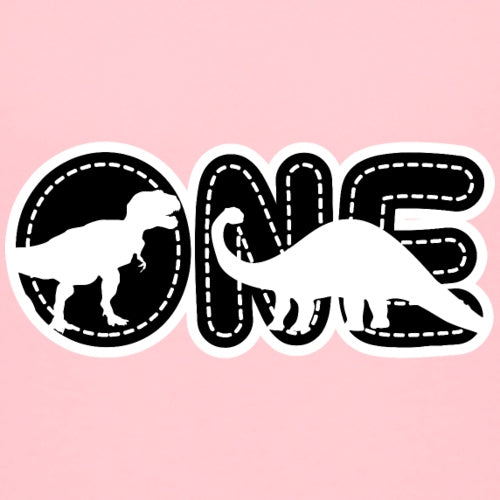 Dinosaur-themed ONE design on a pink background for a one-year-old’s birthday t-shirt
