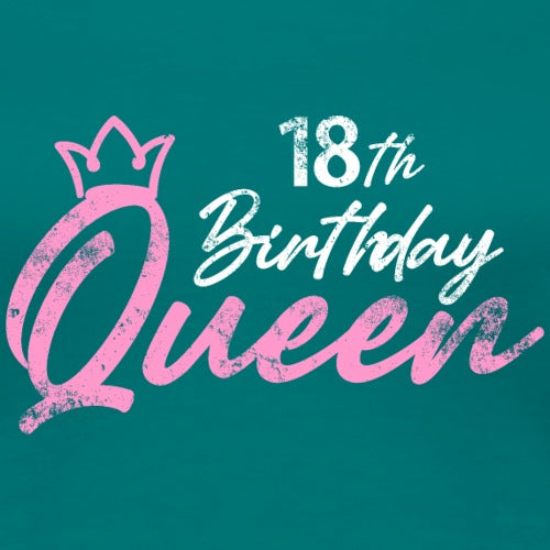 18th Birthday Queen' with a pink crown on a teal background