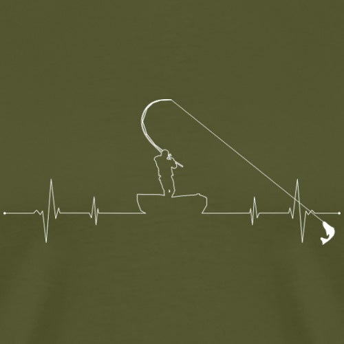 Fishing silhouette with heart rate line on a green background