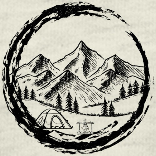 Illustration of mountains, a tent, and a campfire with a circular border on a beige background.