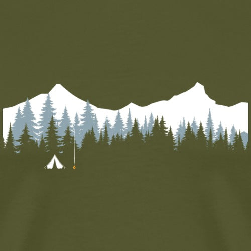 T-shirt with a design of mountains, trees, and a tent on a green background