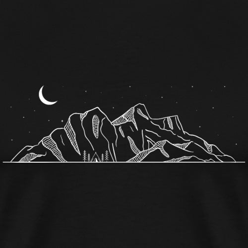 Black t-shirt with white mountain design and crescent moon on a black background
