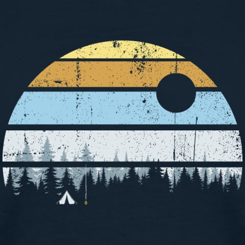 Design with a yellow arch, blue stripe, and white tent on a dark background