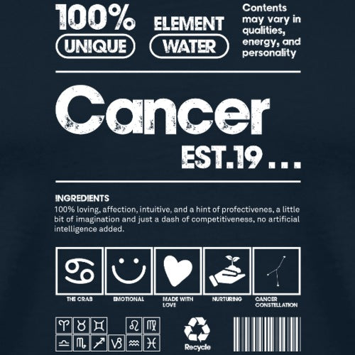 Label with text and icons on a dark background, featuring the word 'Cancer'.