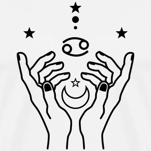 Illustration of hands holding a Cancer zodiac symbol with stars above on a white background