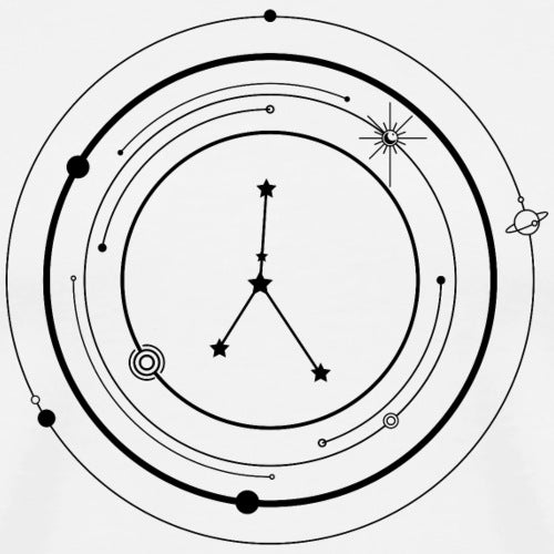 Diagram of a celestial system featuring planets and stars, centered on the Cancer zodiac symbol, set against a white background.