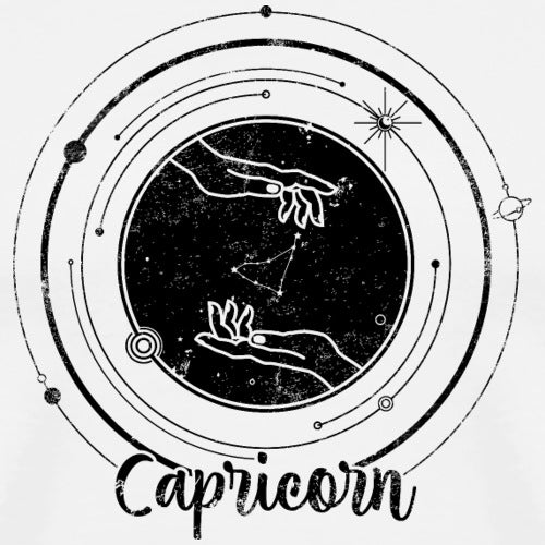 Capricorn zodiac sign illustration with hands and constellation in a circular design.