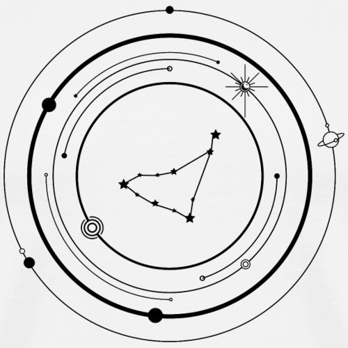 Capricorn zodiac constellation surrounded by planetary orbits and stars, printed on a minimalist white tee.