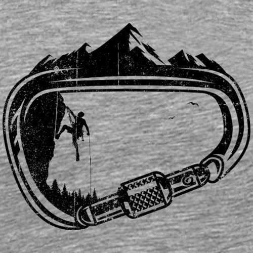 Illustration of a climber on a rope with a carabiner against a mountain background