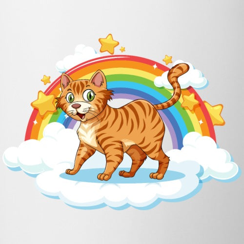 Cartoon cat on a cloud with a rainbow and stars in the background