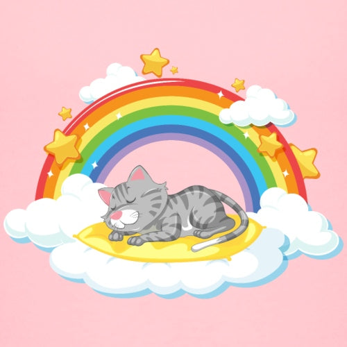 Cartoon cat sleeping on a cloud with a rainbow and stars in the background