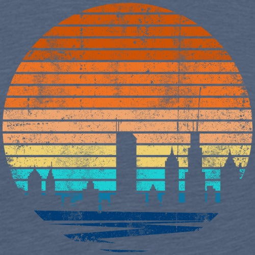 Vintage-style graphic of a city skyline with a sunset or sunrise gradient on a blue background.