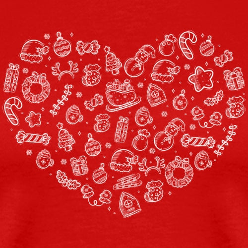 Red shirt with white Christmas-themed icons arranged in a heart shape