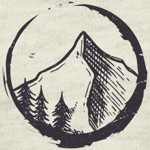 Black and white illustration of a mountain peak with trees, framed by a circular border on textured paper.