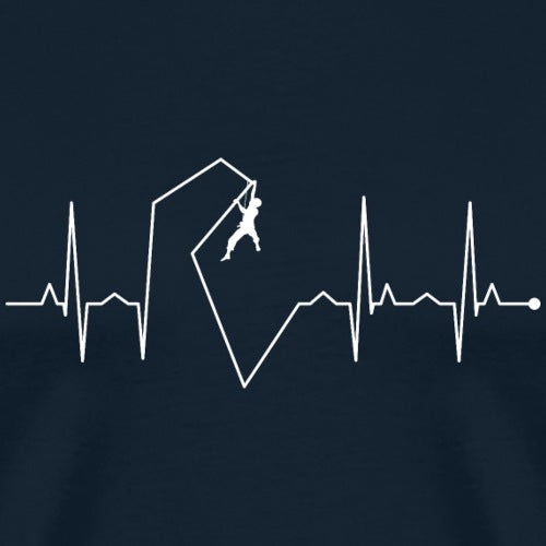 Navy blue t-shirt with white line art of a person climbing a mountain and a heartbeat line on a dark background
