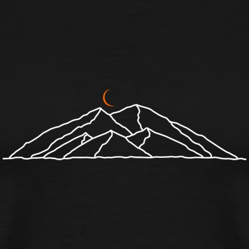 White line drawing of mountains with a crescent moon on a black background